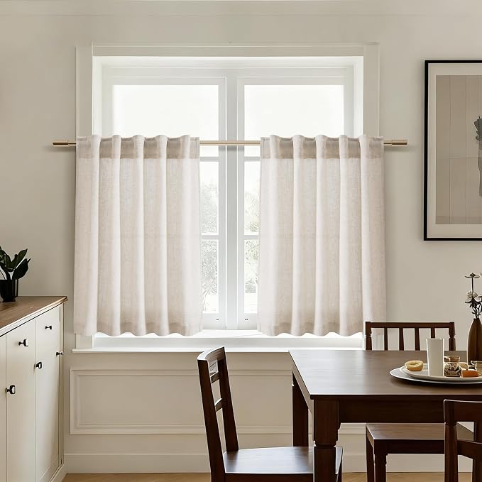 Nanspring Kitchen Curtains Linen 36 Inch Length Beige Farmhouse Small Cafe Curtains Semi Sheer Back Tab and Rod Pocket Drapes for Basement Short Window Curtain 26 x 36 Inch, 2 Panels