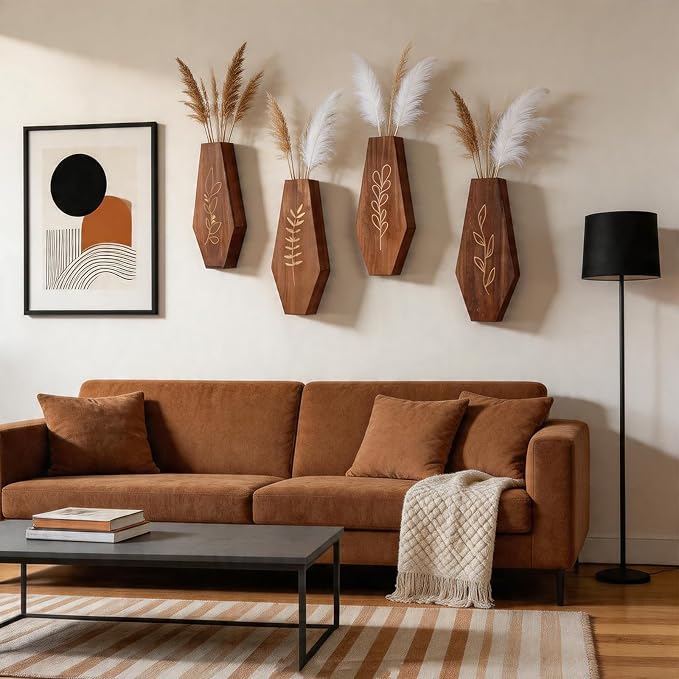 Wood Wall Vase 4 Pack, Modern Farmhouse & Boho Wall Decor Wooden Hanging Planter Set, Minimalist Mounted Vase for Living Room, Entryway, Hallway, Bathroom, Dining Room(Brown)