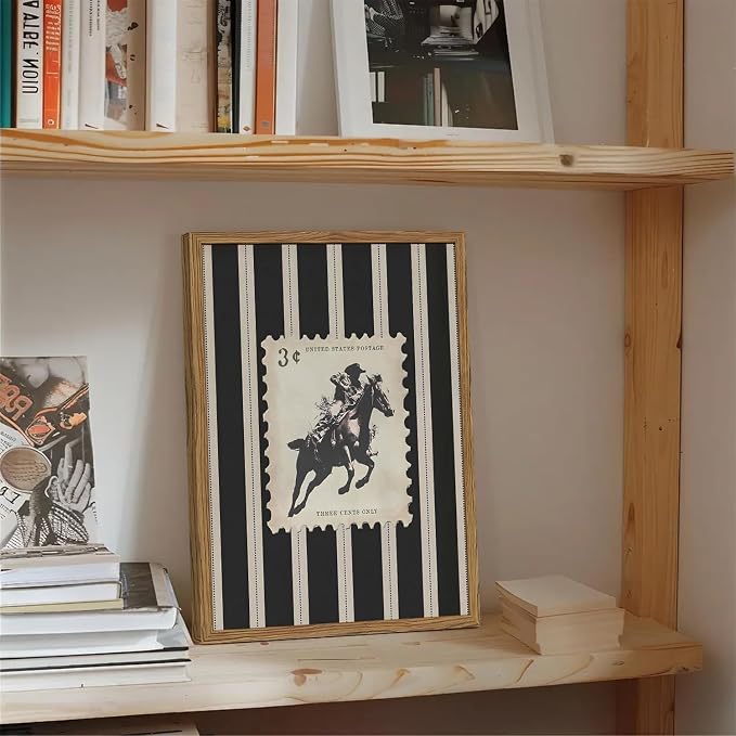 Vintage Western Cowboy Wall Art Black and White Striped Cowboy Riding Horse Wall Decor Paintings Mid Century Rodeo Southwestern Poster Canvas Print for Bedroom Living Room 12x16 inch Wood Framed