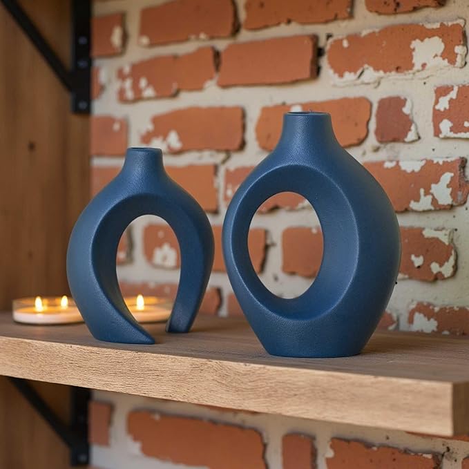 Lvases Snuggle Hollow Ceramic Flower Vase of 2, Minimalist Nordic Boho Vase | 8.4" Matte Navy Blue Home Decor Vase for Modern Aesthetic Ins Style Living Room Coffee Table Centerpieces Pampas Grass Dec