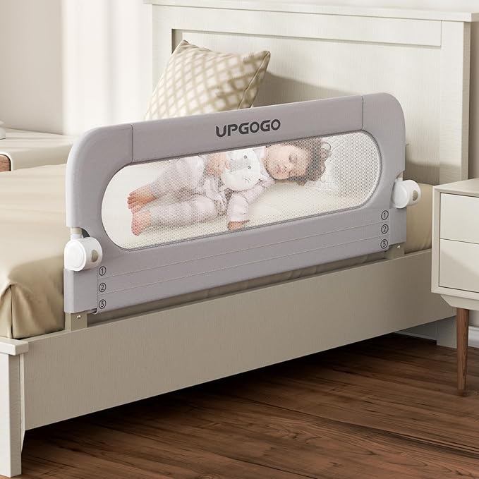 UPGOGO Folding Bed Rail for Toddlers,Baby Bed Rail Guard with Reinforced Anchor Safety System,Fit Bunk,Full Size,Queen,King,Twin(Grey,43"x23.6")