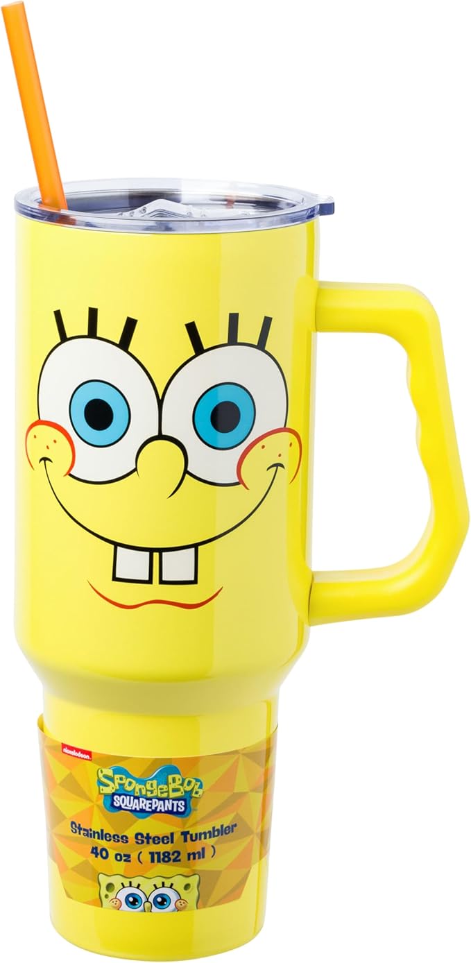 Silver Buffalo SpongeBob SquarePants Stainless Steel Tumbler with Handle, Fits in Standard Cup Holder, 40 Ounces (Pack of 12)