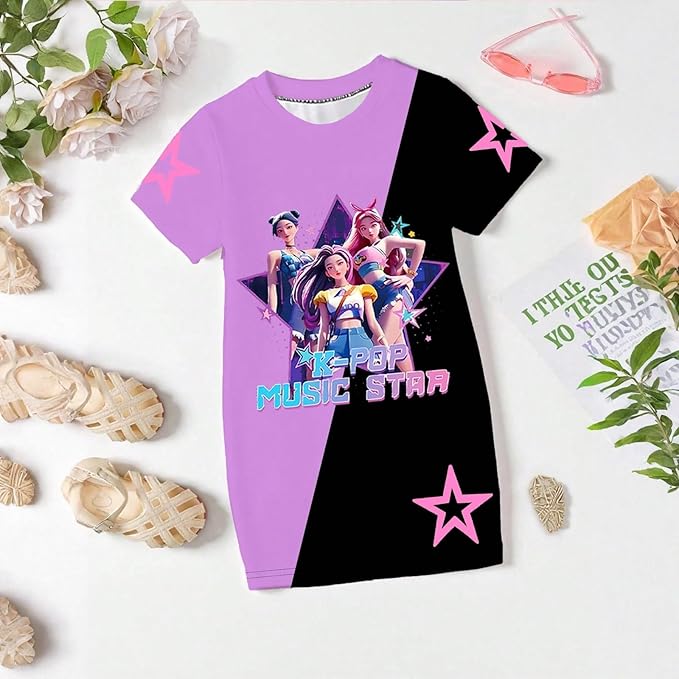 Girl's Anime K-POP Graphic Long Dress T-Shirt - Casual Loose Fit Short Sleeve Top