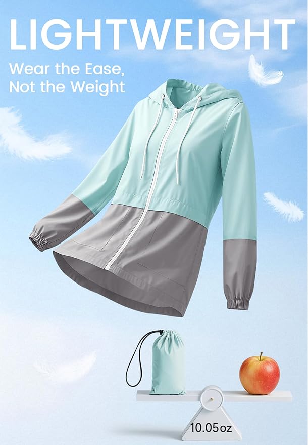 Zando Lightweight Rain Jacket Women Packable Waterproof Raincoat with Hood | Windbreaker Jacket Women, Light Raincoats for Drizzle, Rain Coats for Travel, Hiking and Commute