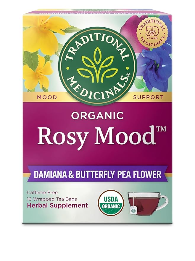 Traditional Medicinals Organic, Rosy Mood, Damiana & Butterfly Pea Flower - Uplifting Mood Support - Kosher, Non-GMO, Caffeine-Free, Compostable - 16 Tea Bags