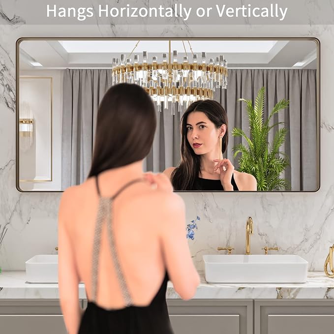 LOAAO 60"X30" Bronze Bathroom Mirror | Rounded Rectangle, Brushed Bronze Metal Frame, Anti-Rust, Tempered Glass, Hangs Horizontally or Vertically