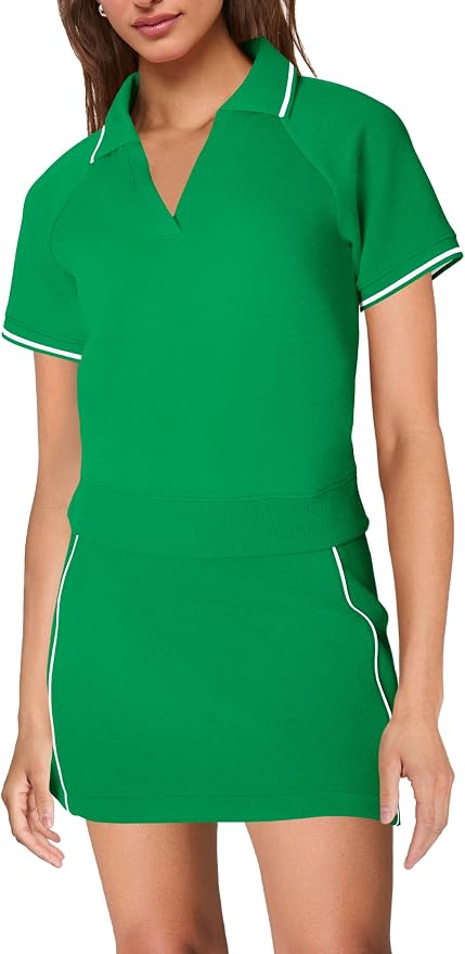 Womens Workout Sets 2 Piece Outfits V Neck Short Sleeve Polo Shirt and Tennis Skort Set with Pockets