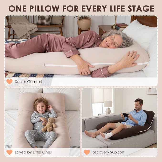 QUEEN ROSE U Shaped Pregnancy Pillow, Breathable Cotton Full Body Support for Maternity, Coffee