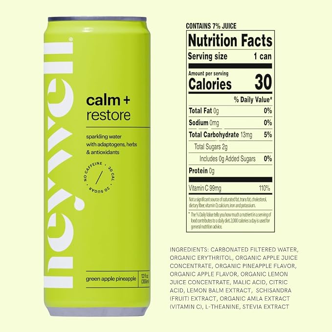Heywell Sparkling Adaptogenic Water Calm and Restore, Green Apple Pineapple Flavor 12 Fluid Ounce (Pack of 12) - Non Caffeinated, Organic, Non GMO, Vegan, Gluten Free, Dairy Free