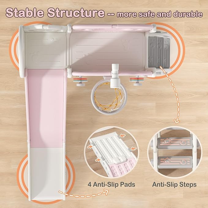 BIERUM 9 in 1 Toddler Slide Set, Baby Slide for Toddlers 1-3 with Ring Toss and Basketball Hoop, Indoor Outdoor Toddler Playset Playground Pink Gray