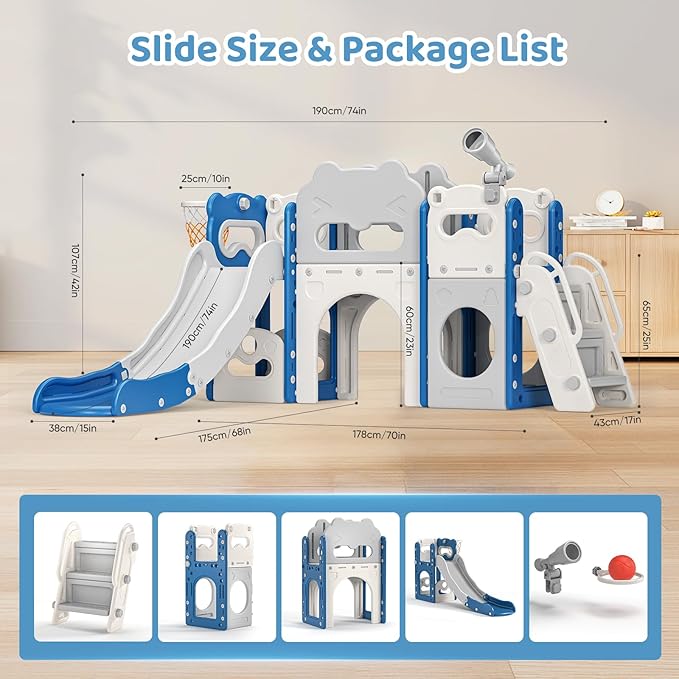 Toddler Slide Indoor, 8 in 1 Indoor Playground for Kids 1-3 Toddler Playset with Climber, Basketball Hoop, Tunnel and Storage Space Kids Outdoor Slide Playset (Blue)