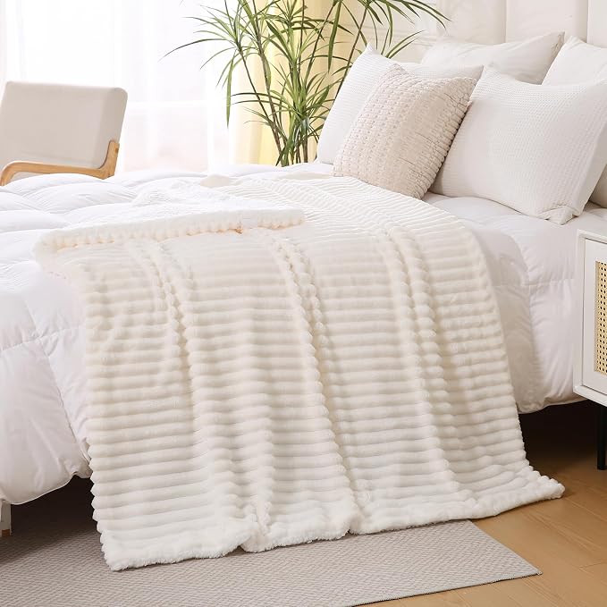 Cream White Sherpa Fleece Throw Blanket 90”×90”for Couch Sofa Bed | Double Side Soft Fuzzy Cozy Plush Thick Flannel Blanket with Striped Design Gift for Adults,Woman