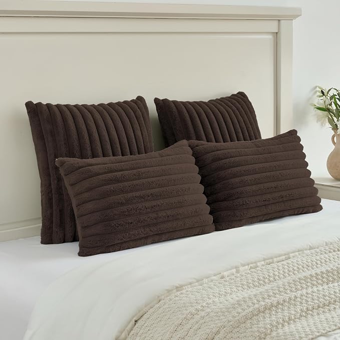 FUTEI Pack of 2 Faux Fur Throw Pillow Covers 16x16 Inch, Dark Coffee | Fluffy Faux Rabbit Fur Front/Premium Velvet Back,Hidden Zipper,Machine Washable,Non-Shedding,Colorfast,Insert Not Included.