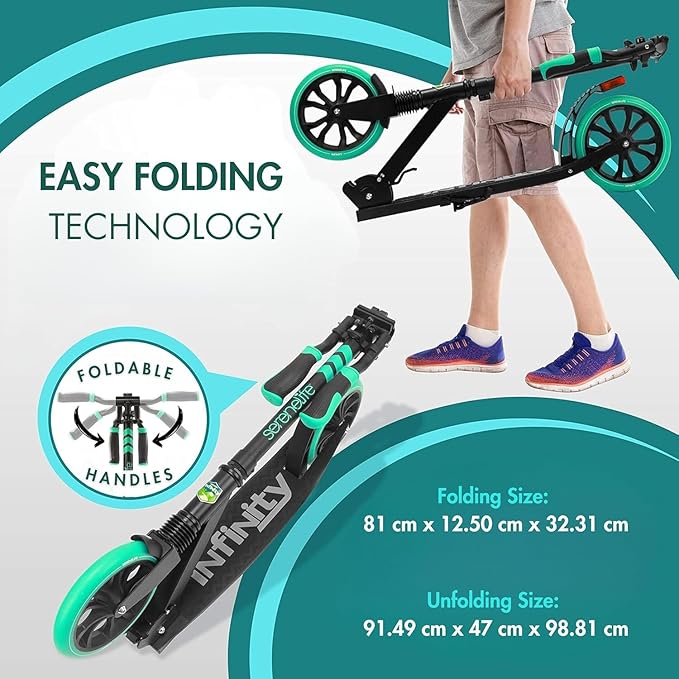 SereneLife Two Wheel Scooter for Teens, Smooth Gliding Kick Scooter for Adults w/Adjustable Height for Ages 8+, Portable All Terrain Scooter w/Carry Straps, Easy to Fold