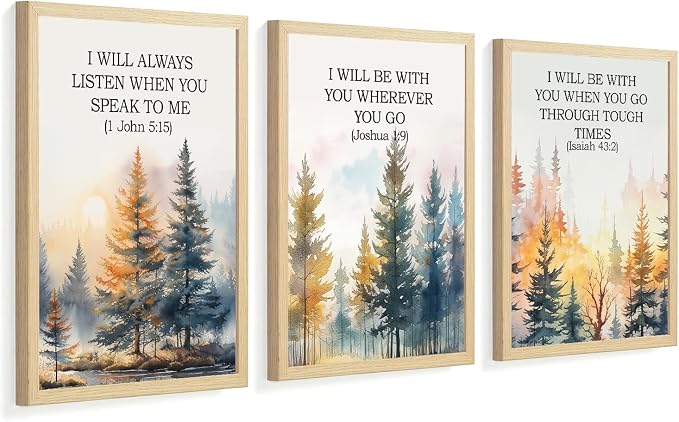 Forest Bible Verse Wall Art Painting Vintage Scripture Christian Landscape Wall Decor, Spiritual Jesus Nature Forest Quote Poster Canvas Prints, for Living Prayer Room Bedroom 12x16 inch Framed