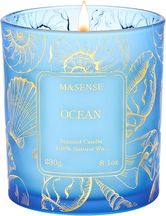 M&SENSE Ocean Soy Candle, 8.1oz Gilded Glass, Summer Fresh Aromatherapy | 42H Slow Burn, Soy Wax, Bathtub Home Fragrance, Non-Toxic, Warmer Lamp Safe