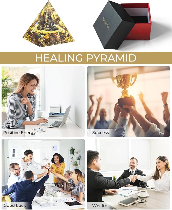Orgone Pyramid with Healing Crystals - (Buddha, Golden) - Energy Generator for Positive Vibe, Stress Relief & Chakra Reiki Meditation - Pyramid Decor - Spiritual Gift for Success, Wealth & Prosperity