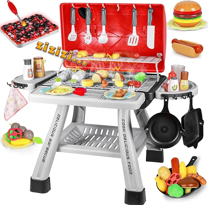 2025 Kids Kitchen Playset Toy Grill BBQ with Smoke Light Outside Pretend Play Food Toys Cooking Set 2-Layer Barbecue Gifts for Toddler Boys Girls 3-5 6 7 8