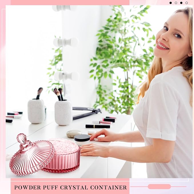 Tioncy 2 Pcs Extra Large Dusting Powder Puff and Container for Women-6'' Glass Crystal Dusting Powder Container with Body Soft Washable Reusable Velour Face(Pink,Classic)