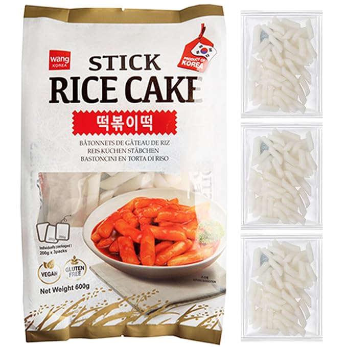 Wang Korean Tteok Rice Cakes, Chewy Tteokobokki Rice Cakes | Perfect for Stir-Fry, Soup & More, Gluten-Free, Vegan, Individually Packaged, 21.17 oz
