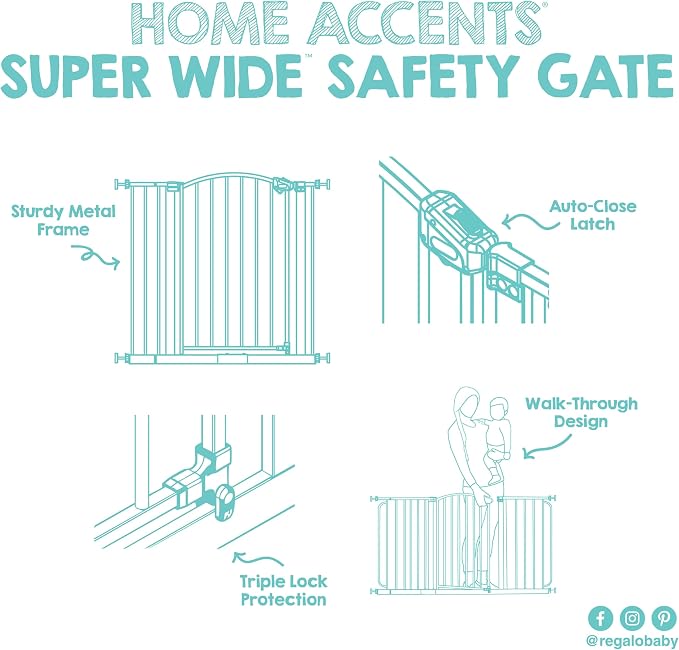 Regalo Safety 30.5-58" Extra Wide Arch Baby Gate with Door, Pressure Mount Walk Through Gate for Doorways & Bottom of Stairs, Babies, Toddlers & Pets, Tested & Safe, American Designed, American Owned
