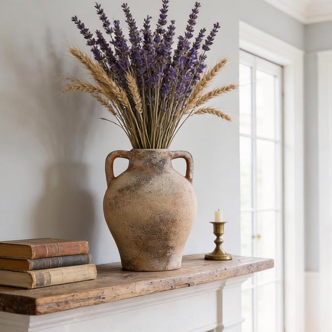 Ceramic Flower Vase, 8.7" Rustic Farmhouse Table Vase, Decorative Pottery Vase with Glazed Interior for Fresh Flowers, Eucalyptus, Entryway, Kitchen, Shelf and Bedroom Decor
