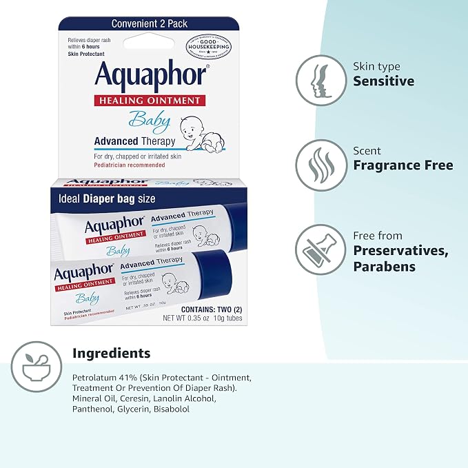 Aquaphor Baby Healing Ointment, To-Go Pack | Advanced Therapy | For Chapped Cheeks | For Diaper Rash | 2 Count Pack