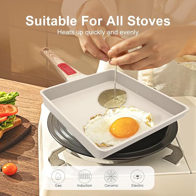 AIKENBBKK Tamagoyaki Japanese Omelette Pan, Japanese Egg Pan, Square Egg Pan Nonstick, Induction-Ready, Detachable Handle, with Silicone Spatula, PFAS & PFOA-Free, Oven Safe, White, 9" x 8.2"