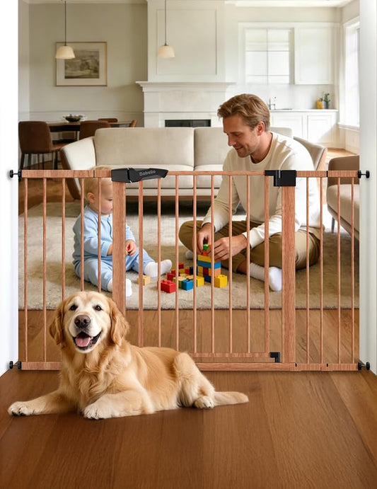 Babelio Metal Auto Close Baby Gate PressGuard P7, 29"-55" Wide Extra Wide Pet Gate for The House and Doorways, Pressure Mounted Walk Thru Child Gate with Door, Brown Wood Pattern