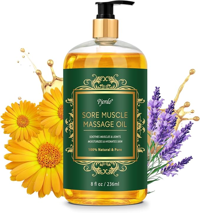 Pjordo Sore Muscle Massage Oil for Massage Therapy, 8 FL OZ Natural Body Massage Oil with Lavender Oil, Arnica & Chamomile Extract, Soothes Muscle and Joint for Professional & Home Use