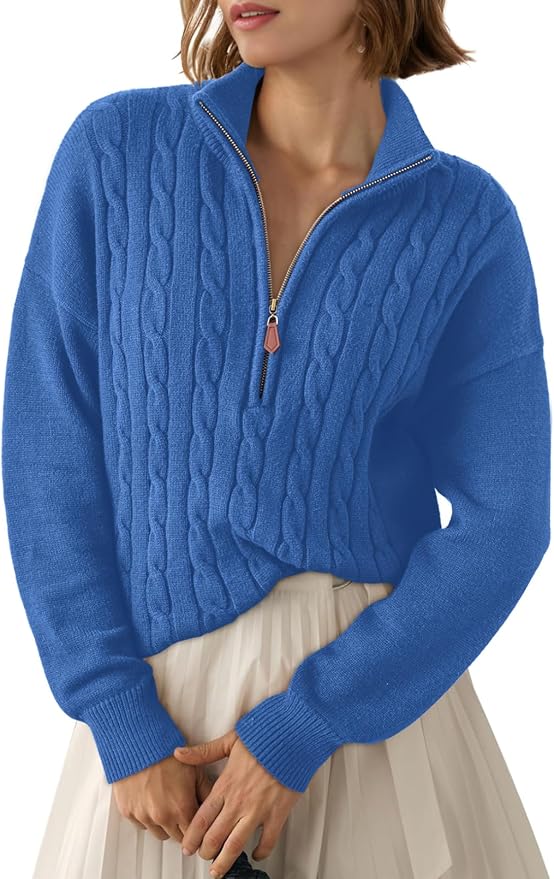 Dokotoo Women's Sweaters 2026 Fall Winter Quarter Zip Ribbed Cable Knit | Long Sleeve,Polo Neck,Lightweight Knit Pullover,Soft Comfy Tops,Casual Trendy Outfits,Fashion Clothing