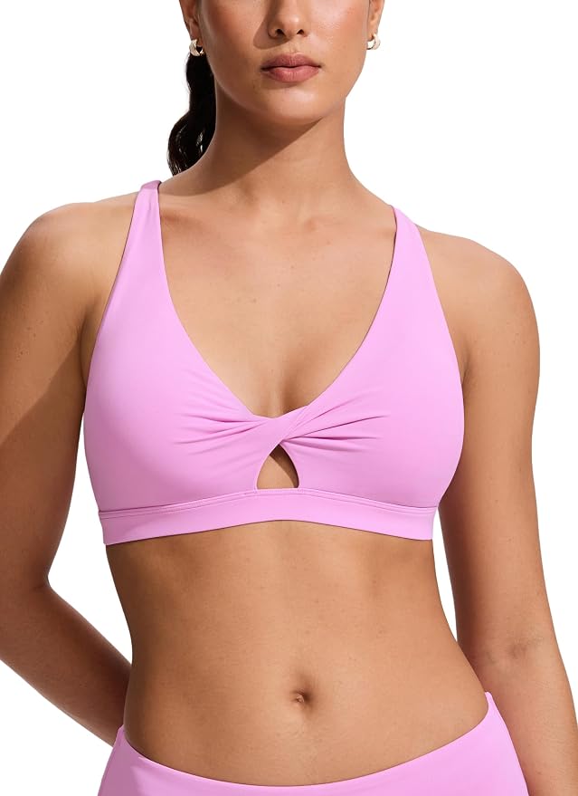 CRZ YOGA Twist Front Cut Out Bikini Tops for Women - Padded V Neck Spaghetti Strap Criss Cross Swim Bathing Suit Bra
