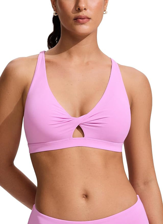 CRZ YOGA Twist Front Cut Out Bikini Tops for Women - Padded V Neck Spaghetti Strap Criss Cross Swim Bathing Suit Bra