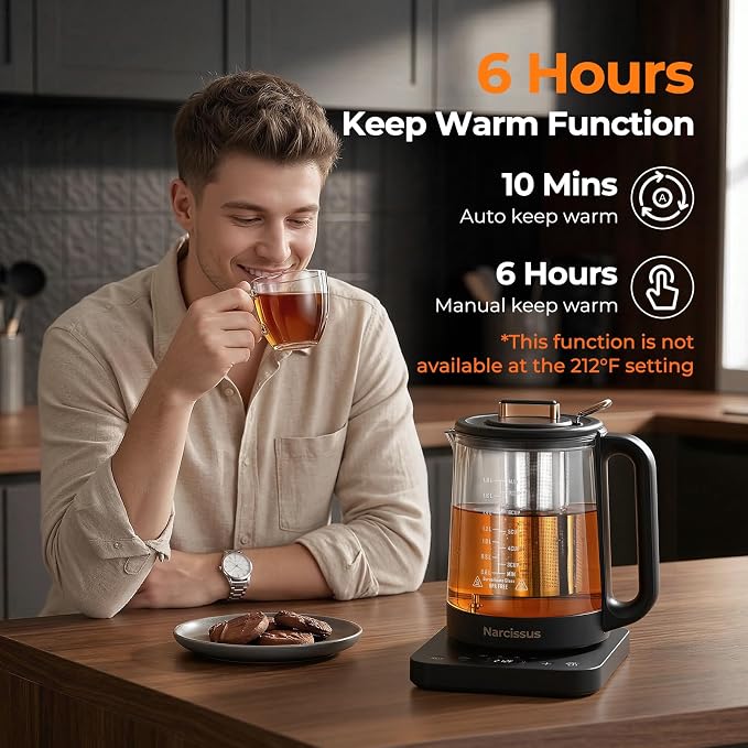 Narcissus Electric Kettle Temperature Control ±5℉, 1.8L Glass Electric Tea Kettle with Removable Infuser for Flowers & Fruit Tea, 1200W Fast Boiling, 6 Hours Keep Warming, Black