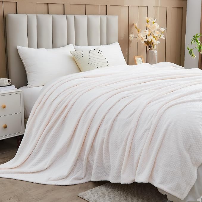 NEWCOSPLAY Fleece Leaves Pattern Throw Blanket, Ivory, 50"x60" | Super Soft Throw Blanket, Lightweight Cozy Bed Sofa Blanket, Premium Silky Flannel Fleece, Travel Blanket for All Season Use