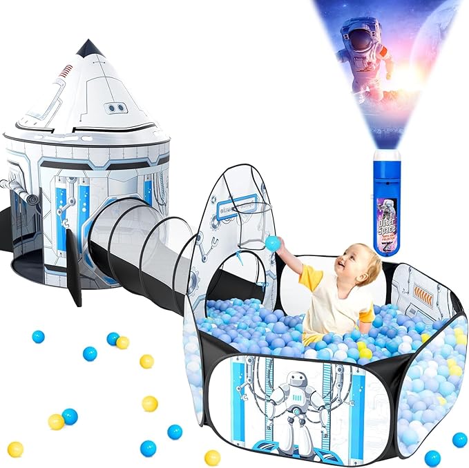 Kids Ball Pit for Play Tent: 3PC Rocket Ship Baby Gifts with Projection Flashlight, Spaceship Tents and Crawl Tunnel for Toddlers, Astronaut Pop Up Playhouse Toys for Indoor Outdoor Games (White)