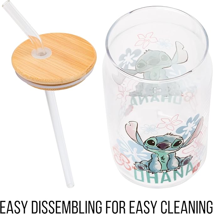 Silver Buffalo Disney Lilo and Stitch Ohana Floral Glass Jar Tumbler with Bamboo Lid and Glass Straw, 16 Ounces (Pack of 12)
