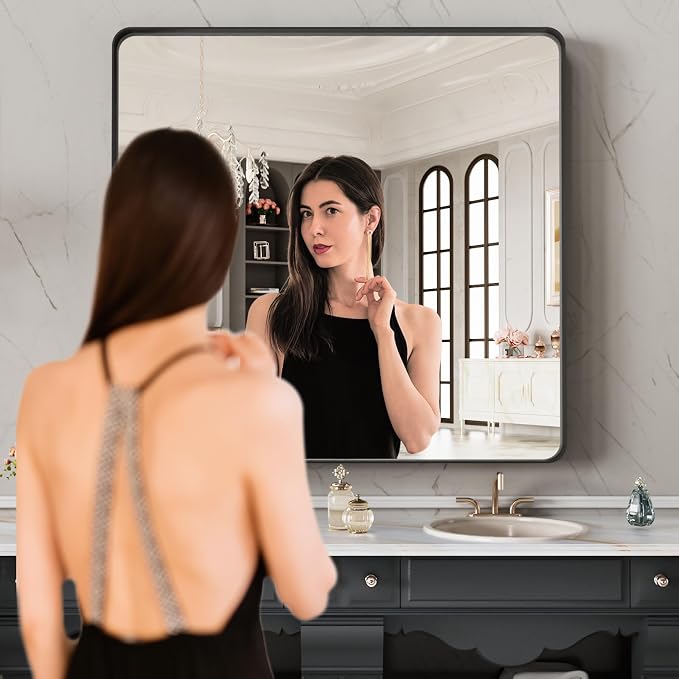 LOAAO 28X32 Inch Black Metal Framed Bathroom Mirror for Wall | Matte Black, Anti-Rust, Hangs Horizontally or Vertically