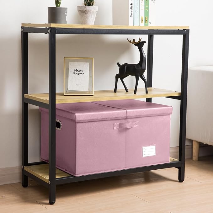 Collapsible Storage Box with Lid [1-Pack] Leather Fabric Foldable Storage Bin Organizer Container Basket Cube with Cover for Home Bedroom Closet Office Nursery Pink (22.8X15.7X11.8)
