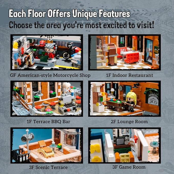 Retro Motorcycle Diner & Bar Building Set - Modular Street Corner Architecture Kit with Interactive Doors, Openable Walls, 4 Motorcycles & 5 Exclusive Minifigures for Display & Play
