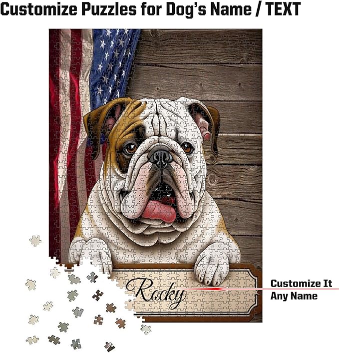Custom Wooden Jigsaw Puzzles with Your Dog's Name on English BullDog's Art Print - 300 500 1000PCS Puzzles Game and Home Wall Decor