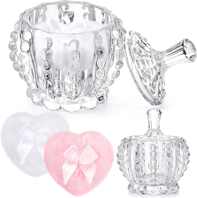 Tioncy 3 Pcs Large Body Powder Puff and Container Valentine's Day gift Powder Container with Puff Crystal Case Soft Washable Reusable Velour Face Body Glitter Wet Dry Makeup (Pearl,Clear)