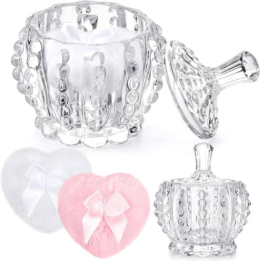 Tioncy 3 Pcs Large Body Powder Puff and Container Valentine's Day gift Powder Container with Puff Crystal Case Soft Washable Reusable Velour Face Body Glitter Wet Dry Makeup (Pearl,Clear)