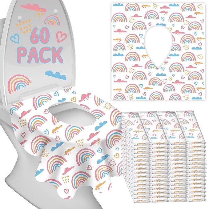 Disposable Toilet Seat Covers for Kids & Adults,Protect from Public Toilets While Potty Training or Travel - Extra Large, Waterproof, Portable -Pink Rainbow (60pack）