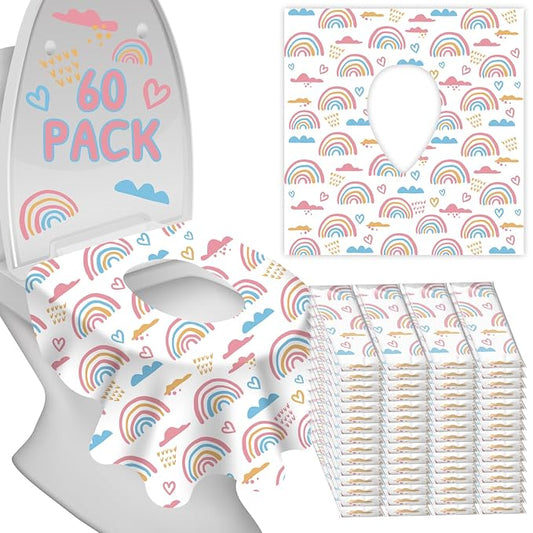 Disposable Toilet Seat Covers for Kids & Adults,Protect from Public Toilets While Potty Training or Travel - Extra Large, Waterproof, Portable -Pink Rainbow (60pack）