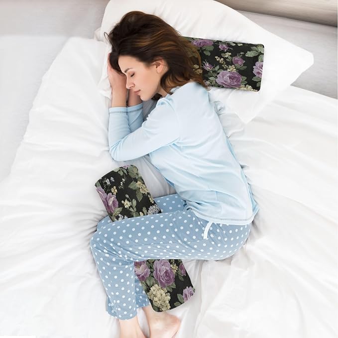 Vintage Purple Roses Neck Roll Pillow Bolster Round Health Memory Foam Long Cervical Cylinder Pillows with Removable Washable Cover for Body Bed Legs Back Yoga