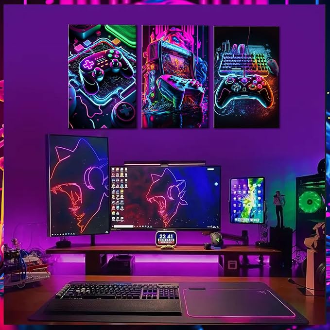 BGFCE Game Room Decor Posters Set of 3 - Neon Gaming Accessories Theme Canvas Wall Art, Gamer Console Paintings Picture Wall Decor for Children Youth Boys Bedroom 12x16 inch Unframed