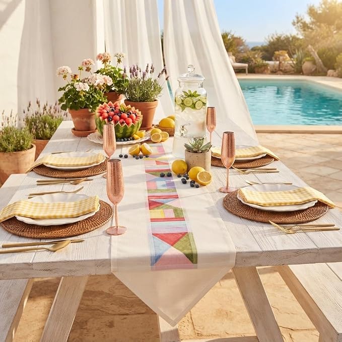 Korean Bojagi Table Runner, Ramie Patchwork Dining Decor, White, 79 x 12 in | Ramie Korean Table Runner with Bojagi Patchwork for 4-Seat Dining Tables