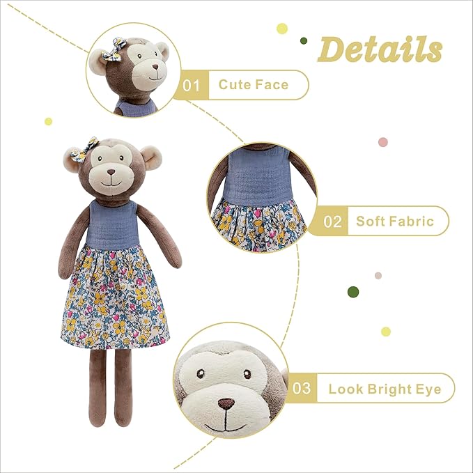Monkey Stuffed Animals for Girls,15.7" Girl Monkey Plush with Skirt,Cute Stuffed Animal for Girls As Birthday, Easter,Christmas,Valentine's Day Gift