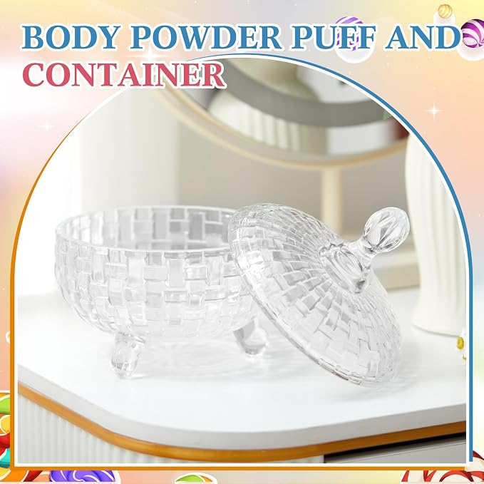 Tioncy 2 Pcs Extra Large Dusting Powder Puff and Container for Women-6'' Glass Crystal Dusting Powder Container with Body Soft Washable Reusable Velour Face(Clear,Weave Design)